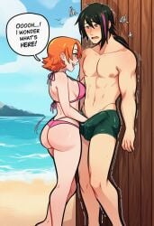 1boy 1girl abs against_wall ai_generated ass assertive_female barefoot beach bikini black_hair blush breasts bulge clothing cloud crotch_grab day english_text erection erection_under_clothes female handjob height_difference hetero large_breasts lie_ren long_hair low_ponytail male male_swimwear medium_breasts multicolored_hair nipples nora_valkyrie ocean open_mouth orange_hair outdoors pectorals pink_bikini purple_hair rwby sand short_hair sky smile speech_bubble standing stealth_sex streaked_hair swim_trunks swimsuit thong_bikini topless_male trembling two-tone_hair water