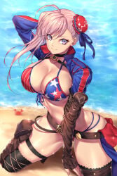 1girls american_flag american_flag_bikini american_flag_print arm_behind_head asymmetrical_hair beach between_legs bikini blue_eyes blush boots breasts brown_gloves bun_cover cleavage collarbone commentary day elbow_gloves fate/grand_order fate_(series) fingerless_gloves flag_print flag_print_bikini gloves hair_bun hand_between_own_legs highres kneeling large_breasts long_hair looking_at_viewer miyamoto_musashi_(fate) miyamoto_musashi_(swimsuit_berserker)_(fate) miyamoto_musashi_(swimsuit_berserker)_(second_ascension)_(fate) multi-strapped_bikini_bottom nasaniliu ocean outdoors pink_hair print_bikini revision sand shrug_(clothing) single_hair_bun skindentation smile solo sparkle swept_bangs swimsuit thigh_boots thighhighs