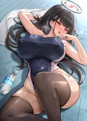 1girls black_hair black_thighhighs blue_archive blush breasts comiket_107 competition_swimsuit content_rating cover cover_page covered_erect_nipples covered_navel female hair_ornament hairclip halo highres huge_breasts kihou_no_gotoku_dmc long_hair looking_at_viewer lying on_back one-piece_swimsuit red_eyes ring_light_reflection rio_(blue_archive) solo swimsuit textless_version thighhighs towel translation_request wet
