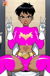 1female 1girl 1human 1woman 2d ai-generated ai_edited ai_generated angry angry_expression angry_eyes angry_face angry_female artist_logo bangs bare_skin bare_stomach bathroom bathroom_background bathroom_stall bathroom_tiles batman:_the_animated_series batman_(series) batwoman batwoman_(dcau) bellybutton belt black_hair black_hair_female boobs bottomwear breasts brunette brunette-haired_female brunette_female brunette_hair brunette_hair_female cameltoe clothed clothed_female clothes clothing color_edit cosplay cosplaying_as_character covered_boobs covered_breasts covered_pussy dark-skin dark-skinned_female dark_skin dark_skinned_female dc dc_comics dcau dcu double_peace_sign double_v double_v_sign dressed english_text eye_makeup eyebrows eyelashes eyes_open eyeshadow facing_forward female female_human female_solo front_view fully_clothed fully_clothed_female fully_dressed gloves gold_belt golden_belt hair hands_up high_res high_resolution highres human human_female human_solo hunnyhive hunnyhive(artist) hunnyhivestudio hunnyhivestudios kathy_duquesne latex latex_clothing latex_thigh_highs latex_thighhighs legs_open legs_spread legs_spread_open lips lipstick long_eyelashes makeup midriff midriff_baring_shirt midriff_exposed navel no_nudity open_eyes open_legs palette_swap pink_bottomwear pink_clothes pink_clothing pink_latex pink_legwear pink_outfit pink_ranger pink_shirt pink_sleeves pink_thigh_highs pink_thighhighs pink_thong pink_topwear power_rangers public_bathroom public_restroom pussy_visible_through_clothes pussy_visible_through_clothing pvc pvc_(material) questionable red_lips red_lipstick saban_entertainment shiny_clothes shiny_clothing shiny_lips shirt short_black_hair short_hair short_hair_female sleeves solo solo_female solo_human spread_legs stomach thick_thighs thigh-highs thigh_highs thighhighs thighs thighs_spread thong tight_clothes tight_clothing tiled_wall toilet toilet_paper toilet_paper_roll topwear vagina_visible_through_clothing washroom white_boots white_footwear white_gloves