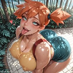 1girl ai_generated ass backdoorsenpai big_ass blush crop_top curvy denim_shorts egao emphasis_lines female_focus heart large_breasts looking_up midriff misty_(pokemon) naughty_face naugty_eyes nintendo orange_hair perky_breasts pokemon portrait red_sneakers red_suspenders short_hair side_ponytail solo suspenders sweat thick_thighs thighs tongue wide_hips