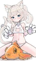 blonde_female blonde_hair blue_eyes cat_ears cat_tail clothed clothing ecchi female female_focus female_only fish flat_chest flat_chested froq_art gloves kemonomimi light-skinned_female light_skin marimari_en pale-skinned_female pale_skin phase_connect short_hair squatting vtuber white_hair