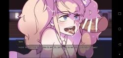 1boy 1girls after_oral all_fours before_rape blue_eyes cum_on_face danganronpa gyaru junko_enoshima nude nude_female tie