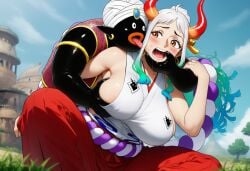 ai_generated anime big_boobs big_breasts big_lips breast_grab confused creepy crossover dragon_ball dragon_ball_super dragon_ball_z earrings green groped groping_breasts groping_from_behind hand_in_mouth horns interracial jabbaman58 kimono large_breasts licked licking_face manga mr_popo one_piece oni oni_female oni_horns pervert sexual_assault size_difference streaks turban white_hair yamato_(one_piece) yellow_eyes