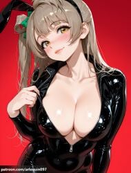 1girl ai_generated animal_ears arlequin097 black_bodysuit blush bodysuit bow breasts brown_hair cleavage closed_mouth collarbone covered_navel fake_animal_ears green_bow hair_bow hairband head_tilt large_breasts latex latex_bodysuit lips long_hair long_sleeves looking_at_viewer love_live! love_live!_school_idol_project minami_kotori no_bra one_side_up open_clothes partially_unzipped rabbit_ears red_background shiny_clothes simple_background single_hair_ring skin_tight smile solo unzipped unzipping yellow_eyes zipper zipper_pull_tab