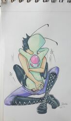 2016 alien anal anal_sex antennae ass ass_grab backpack black_hair boots clothing color cowgirl_position dib duo embrace footwear green_skin hair hand_on_ass human interspecies invader_zim irken male mammal on_top pants penetration penis sex signature simple_background smooth_skin space-tanuki_(artist) traditional_media_(artwork) white_background yaoi zim