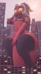 3d_(artwork) 9:16 anthro athletic big_butt big_penis butt city clothing demon demon_humanoid digital_media_(artwork) genitals hair hellaverse helluva_boss hi_res horn huge_butt huge_penis humanoid hyper hyper_butt hyper_genitalia hyper_penis imp legwear macro male moxxie_(helluva_boss) navel nipples outside penis red_body solo tail thevoidgnome thick_thighs thigh_highs vein veiny_penis white_hair yellow_eyes