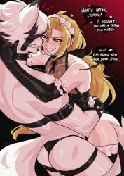 <3 2boys anthro ass blonde_hair canid canine dialogue english_text femboy gay gay_male green_eyes grin heterochromia hugging hugo_vlad light_skin loggus_doggus long_hair maid_headdress maid_outfit male male/male male_only mihoyo narrowed_eyes pointy_ears red_eyes skimpy skimpy_clothes smiling speech_bubble tail teeth_clenched very_high_resolution von_lycaon white_hair wolf yaoi zenless_zone_zero