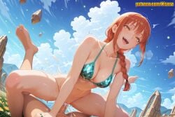 1boy 1girl ai_generated assertive_female bare_shoulders barefoot bikini bikini_top_only blue_bikini blue_sky blush bottomless braid braided_ponytail breasts chainsaw_man cleavage cloud collarbone cowgirl_position cum cum_in_pussy cum_overflow day ejaculation feet femdom girl_on_top grass green_bikini happy_sex hetero jewelry large_breasts legs long_hair looking_at_viewer makima_(chainsaw_man) medium_breasts navel nivora open_mouth orange_eyes orange_hair outdoors penis pov pussy red_hair ring ringed_eyes rock sex sky smile solo_focus spread_legs squatting_cowgirl_position stomach straddling sweat swimsuit teeth thighs toes trembling twin_braids uncensored upper_teeth_only vaginal yellow_eyes