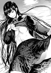 ass breasts female greyscale half-closed_eyes highres hime_cut kurofudo long_hair lying monochrome navel no_bra on_back pleated_skirt school_uniform shirt_lift skirt smirk solo spread_legs