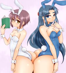 2girls asakura_ryouko ass ass_to_ass bangs bare_shoulders blue_eyes blue_hair blush breasts bunny_ears bunny_tail bunnysuit dat_ass fake_animal_ears huge_ass leotard long_hair looking_at_viewer multiple_girls nagato_yuki naughty_face parted_bangs purple_eyes short_hair small_breasts smile standing suzumiya_haruhi_no_yuuutsu very_long_hair wide_hips wrist_cuffs yellow_eyes yukirin_(nagatoyuki_ibukifuko) yuri