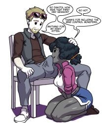 black_eyes blonde-haired_male bulge_in_face bulge_under_clothes curly_hair dakota_(so_okay_heres_the_thing) dark-skinned_female dialogue dungeons_and_dragons grey_skin hair_grab interracial kneeling looking_at_another medium_breasts muscular_female no_nose shorts simple_background sitting so_okay_heres_the_thing spread_legs submissive_female thick_thighs trent white_skin