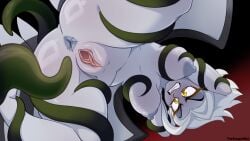 16:9 2026 absurd_res angel angel_humanoid anus areola big_areola big_breasts big_nipples blush breasts butt female genitals grey_body grey_hair hair hazbin_hotel hellaverse hi_res humanoid lute_(hazbin_hotel) nipples not_furry nude restrained restrained_by_tentacles scopedout simple_background solo tentacles vulva widescreen yellow_eyes
