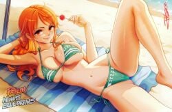 1girls arm_behind_head barefoot big_breasts bikini bikini_bottom bikini_top bottomwear breasts brown_eyes cleavage feet female female_only green_bikini hair holding_object lollipop long_hair midniteblueart nami_(one_piece) on_back one_piece orange_hair smile solo solo_female swimwear thighs topwear