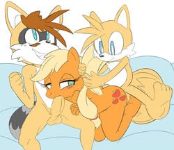 2014 anthro applejack_(mlp) balls blonde_hair blue_eyes blush canine cloudz crossover cutie_mark earth_pony equine erection fan_character fellatio female fox freckles friendship_is_magic fur green_eyes group group_sex hair horse male mammal my_little_pony nude oral oral_penetration orange_fur penetration penis pony sex smooth_skin sonic_(series) straight tails teeth threesome white_background