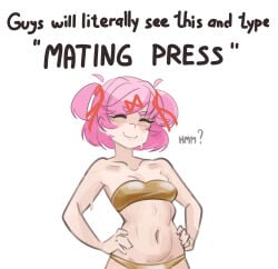 1girl abs absurdres bare_shoulders bikini bob_cut breasts closed_eyes closed_mouth collarbone commentary cowboy_shot ddlc doki_doki_literature_club doki_doki_literature_club! emiillb english_commentary english_text eyelashes fang funny funny_face gold_bikini golden_week hair_intakes hair_ornament hair_ribbon hands_on_own_hips highres jpg medium_breasts meme meme_reference natsuki_(doki_doki_literature_club) navel pink_hair questionable red_ribbon ribbon serenity_forge shaded_face short_eyebrows short_hair simple_background skin_fang skindentation smile solo strapless sweat swept_bangs swimsuit team_salvato thick_eyebrows tube_top two_side_up very_sweaty white_background x_hair_ornament