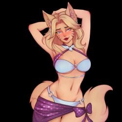 2xko ahri ahri_(league_of_legends) beach big_breasts bikini blonde_hair blue_eyes clothed female female_only fox fox_ears furry kitsune league_of_legends pinup pose posing riot_games solo solo_female summer tempting thick_thighs video_games voluptuous