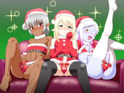 3boys angry arm_warmers ass belt bikini blonde_hair blush bulge censored christmas crossdressing dark-skinned_femboy dark-skinned_male dark_elf dark_skin elf erection femboy girly green_eyes group happy hat headgear holidays humanoid lala_(nagi_ichi) legwear lolo_(nagi_ichi) long_ears long_hair looking_at_viewer lulu_(nagi_ichi) male male_only midriff multiple_boys nagi_ichi nagiichi open_mouth panties partially_clothed penis presenting presenting_hindquarters red_eyes shadow_elf short_hair shy silver_hair simple_background smile sofa sweat swimsuit take_your_pick thigh_highs thighhighs trap tube_top underwear white_hair yellow_eyes