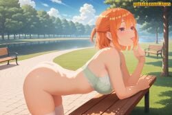 1girl ai_generated arched_back ass bare_shoulders bench bent_over blue_bra blue_eyes blue_sky blush bottomless bra breasts cloud dappled_sunlight day exhibitionism finger_to_mouth from_side go-toubun_no_hanayome grass green_bra hair_between_eyes large_breasts licking looking_at_viewer medium_breasts medium_hair nakano_yotsuba nivora orange_hair outdoors park park_bench public_indecency short_hair sitting_on_bench sky smile solo sunlight thighhighs thighs tongue tongue_out tree underwear underwear_only water white_thighhighs yotsuba_nakano
