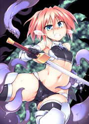 armpits black_legwear black_panties blue_eyes blush brown_hair cameltoe clenched_teeth clothing covered_nipples crop_top female gloves imminent_rape legwear long_hair navel original panties ponytail restrained small_breasts spread_legs sword tears teeth tentacle tentacles thighhighs tied_hair tomoshibi_hidekazu underwear weapon