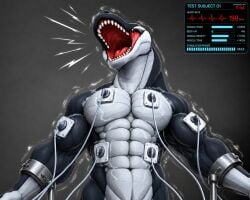 abs abs_muscles ai-created anthro athletic athletic_anthro athletic_male biceps cuff_(restraint) dinosaur dromaeosaurid electricity electrode electrostimulation ems_exercise_machine exercise forced growth laboratory male muscle_growth muscular muscular_anthro muscular_arms muscular_male navel nipples nude open_mouth overstimulation pecs reptile restraints ripped_muscles scalie screaming solo standing teeth test_subject theropod toned-muscles transformation triceps workout