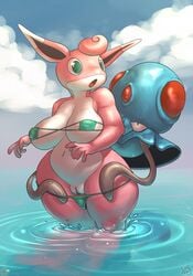 2016 ambiguous_gender anthro atryl big_breasts bikini breasts clothed clothing cloud duo female hi_res looking_back navel nintendo nipple_bulge open_mouth outside panties panties_down partially_clothed partially_submerged patreon pokemon pussy sky swimsuit tentacle tentacool underwear video_games water wide_hips wigglytuff