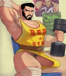 armpit_hair armpits balls bara beard big_penis body_hair boner bulge colossus dumbbell erection facial_hair male male_only marvel marvel_comics muscles muscular musk penis piotr_rasputin solo solo_male sweat sweating vvulfbara x-men