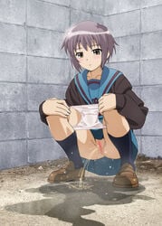 artist_request black_cardigan black_legwear blue_skirt brick_wall brown_eyes brown_shoes cardigan censored expressionless female full_body grey_hair hands_on_own_knees highres mosaic_censoring nagato_yuki outdoors panties panty_pull peeing pussy school_uniform serafuku shoes short_hair skirt socks solo squatting stained_panties suzumiya_haruhi_no_yuuutsu underwear urine white_panties