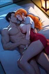 1boy 1girl ai_generated black_hair blush breasts breasts_outside closed_eyes dress heart hetero hi_res high_quality high_resolution large_breasts long_hair lying nami_(one_piece) nipples on_side one_piece orange_hair patreon pillow seductive sexy sleeping smile sonia_(pokemon) uncensored watermark