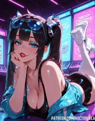 1girls ai_generated black_hair blue_eyes breasts cleavage clothed dungeon_ni_deai_wo_motomeru_no_wa_machigatteiru_darou_ka eyeshadow eyewear glasses hestia_(danmachi) jacket legs legs_up lipstick looking_at_viewer lying lying_on_stomach makeup noctorella petals shorts sneakers solo solo_focus thighhighs thighs twintails