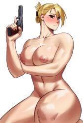 1girls absurd_res areolae arm_under_breasts blonde_hair blush breasts earrings embarrassed female fullmetal_alchemist gun heavy_blush hi_res looking_at_viewer nipples nude nude_female riza_hawkeye scotchmo simple_background solo sotcho thick_thighs tied_hair white_background