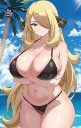 1girls arms_crossed beach big_breasts bikini bikini_bottom bikini_top black_bikini black_eyes blonde_hair bottomwear breasts cleavage crossed_arms cynthia_(pokemon) female female_only game_freak hair hair_over_one_eye hips huge_breasts long_hair mature mature_female mature_woman pokemon pokemon_dppt solo solo_female string_rafart swimwear thighs topwear wide_hips