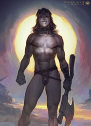 axe balls_outline conan_the_barbarian_(series) femboy femboy_only looking_at_viewer muscular_femboy muscular_male sabudenego thong