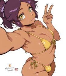 1boy 1femboy :p ai_generated bleach bleach:_the_thousand-year_blood_war bulge femboy looking_at_viewer male male_focus navel peace_sign ponytail purple_hair solo solo_femboy solo_focus thick thick_ass thick_thighs thronart v wide_hips yellow_bikini yellow_eyes yushiro_shihouin