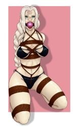 1girls arms_behind_back ball_gag bikini blonde_hair bondage bound bound_arms bound_legs cleavage crotch_rope drool drooling female female_only femsub frogtie gag gagged lipstick makeup meowitzher png revealing_clothes rope