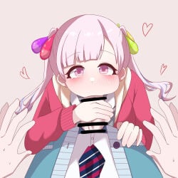 1boy 1girls blowjob blush condom fellatio female handjob looking_at_viewer male ootori_emu oral penis pink_eyes pink_hair pov project_sekai twintails used_condom
