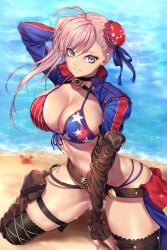 1girls absurdres american_flag american_flag_bikini american_flag_print arm_behind_head asymmetrical_hair bad_id bad_twitter_id beach between_legs bikini blue_eyes blush boots breasts brown_gloves bun_cover cleavage collarbone commentary day elbow_gloves fate/grand_order fate_(series) fingerless_gloves flag_print flag_print_bikini gloves hair_bun hand_between_own_legs highres kneeling large_breasts long_hair looking_at_viewer miyamoto_musashi_(fate) miyamoto_musashi_(swimsuit_berserker)_(fate) miyamoto_musashi_(swimsuit_berserker)_(second_ascension)_(fate) multi-strapped_bikini_bottom nasaniliu ocean outdoors pink_hair print_bikini sand shrug_(clothing) single_hair_bun skindentation smile solo sparkle swept_bangs swimsuit thigh_boots thighhighs