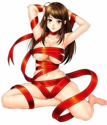 armpits arms_behind_head bad_feet barefoot black_eyes breasts brown_hair collarbone female full_body large_breasts lips long_hair naked_ribbon navel nude nukodi original red_ribbon ribbon simple_background sitting skindentation smile solo white_background