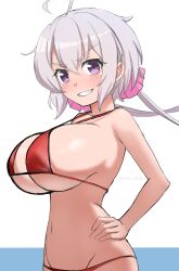 1girl absurdres ahoge armpit_crease bare_arms bare_shoulders bikini breasts cleavage double-parted_bangs floating_hair from_side full_cleavage grin hair_between_eyes hair_ornament hair_scrunchie hair_tuft hand_on_own_hip highres light_blush long_hair looking_at_viewer micro_bikini navel pink_scrunchie purple_eyes red_bikini scrunchie senki_zesshou_symphogear sideboob sidelocks smile solo stomach swimsuit turning_head twintails twitter_username two-tone_background underboob upper_body v-shaped_eyebrows watermark white_background white_hair yukine_chris