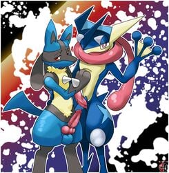 animal_genitalia animal_penis balls canine_penis duo erection greninja kivwolf knot lucario male nintendo penis pokemon pokemon_(species) video_games yaoi