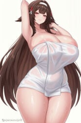 1girl ai_generated areola_slip arm_up armpits blush breasts brown_hair cleavage closed_mouth collarbone cowboy_shot curvy flower hair_flaps hair_flower hair_ornament hairband huge_breasts long_hair looking_at_viewer naked_towel red_eyes simple_background smile solo standing thick_thighs thighs towel twitter_username very_long_hair wet white_background white_hairband wide_hips ye_shunguang ye_shunguang(zenless_zone_zero) zenless_zone_zero