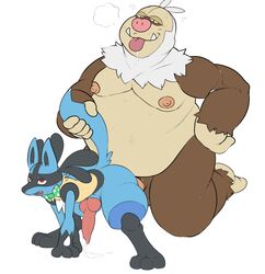 all_fours alternate_species animal_genitalia animal_penis anthro barefoot big_dom_small_sub bow_tie canine canine_penis drooling erection ero_(character) eroborus flat_colors hand_on_hip kneeling knot lucario male male_only mammal moobs musclegut nintendo nipples open_mouth orgasm_face overweight_male penis penis_base pokemon pokemon_(species) primate saliva size_difference slaking sweat tail_grab tongue tongue_out tusks video_games