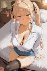1girl ai_generated arm_support bangs black_legwear blonde_hair blue_eyes blush breasts buttons cleavage closed_mouth collarbone denim denim_shorts eyebrows_visible_through_hair hair_ribbon hi_res high_quality high_resolution large_breasts long_hair long_sleeves looking_at_viewer on_bed patreon pillow ribbon saenai_heroine_no_sodatekata savvyraexo sawamura_spencer_eriri seductive sexy shiny shiny_skin shirt shorts sidelocks sitting smile solo tan thighhighs twintails uncensored watermark white_shirt