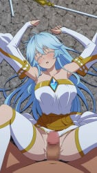 1boy 1girls armpits big_breasts blue_hair breasts elfaria_albis_serfort female imminent_rape imminent_sex male penis sleeping takuru tsue_to_tsurugi_no_wistoria