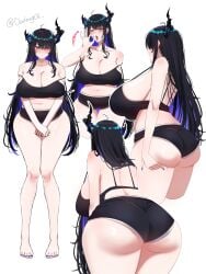 bags_under_eyes bent_over black_shorts black_topwear blue_nails blue_toenails blush cleavage crop_top dadangge dolphin_shorts dot_mouth embarrassed fellatio_gesture full_body hololive huge_ass huge_breasts milf mommy multiple_views nerissa_ravencroft saliva shorts side_profile thick_thighs tongue_out topwear virtual_youtuber white_background wide_hips