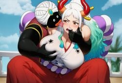 ai_generated anime big_boobs big_breasts big_lips confused creepy crossover dragon_ball dragon_ball_super dragon_ball_z earrings grabbing_tongue green_streaks groped groping_breasts groping_from_behind hand_in_mouth horns interracial jabbaman58 kimono large_breasts licked licking_face manga mr_popo one_piece oni oni_female oni_horns pervert sexual_assault size_difference turban white_hair yamato_(one_piece) yellow_eyes
