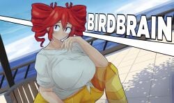 2d 2d_(artwork) big_breasts birdbrain_(synthesizer_v) birdbrain_teto breasts clothed curvy drawing drill_hair fully_clothed huge_breasts kasane_teto light_skin red_hair sitting synthesizer_v tagme twin_drills twintails utau white_shirt