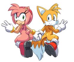 1boy 1girls amy_rose anus backsack balls blue_eyes breasts canine casual coolblue exposed_torso female female_anthro footwear fox fur furry furry_only girly green_eyes hand_holding handwear happy hedgehog looking_back male male_anthro mammal miles_prower mostly_nude naked nude pussy smile sonic_(series) tail tails