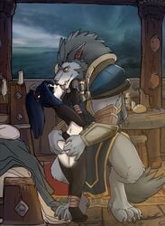 1boy 1girls 2016 anthro ass ass_grab bear bed black_fur bread butt butt_grab candle canine closed_eyes clothed clothing cup domovoi_lazaroth duo female food french_kiss french_kissing fur grey_fur hair hand_on_ass kissing li_li_stormstout male mammal nude pandaren pillow saliva straight table video_games warcraft were werewolf white_fur wolf worgen world_of_warcraft yellow_eyes young