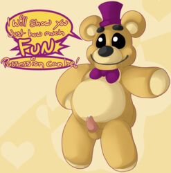 1boy bear bow_tie five_nights_at_freddy's five_nights_at_freddy's_4 fredbear_(fnaf) fredbear_plush frots hat headgear male_only mammal penis plush precum speech_bubble video_games